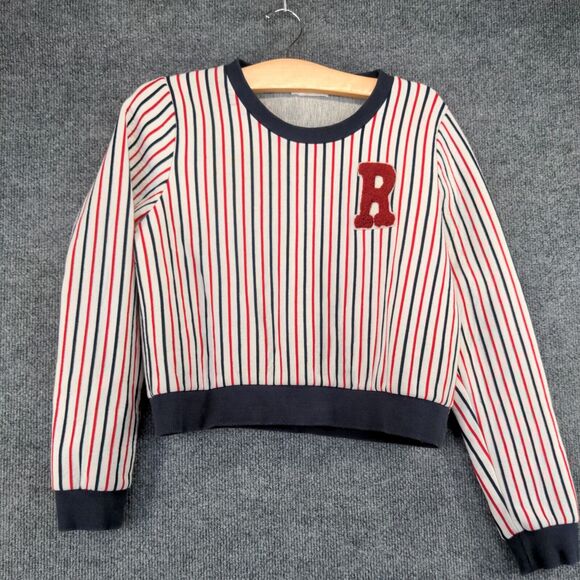 Orenda Women's Pullover Crop Sweater White Red Striped Small Crew Neck - Picture 2 of 13